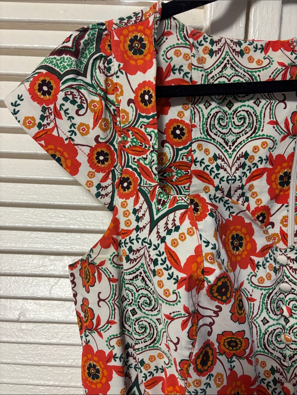 Cecily Anthropologie White Dress with Orange Floral & Green Tile Print